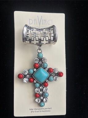 DaVinci Turquoise, Red & Clear Cross Clip Pendant